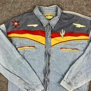 Shooter Western Shirt Mens Size 2XL Blue Denim Multicolor Yoke Embroidered Rodeo